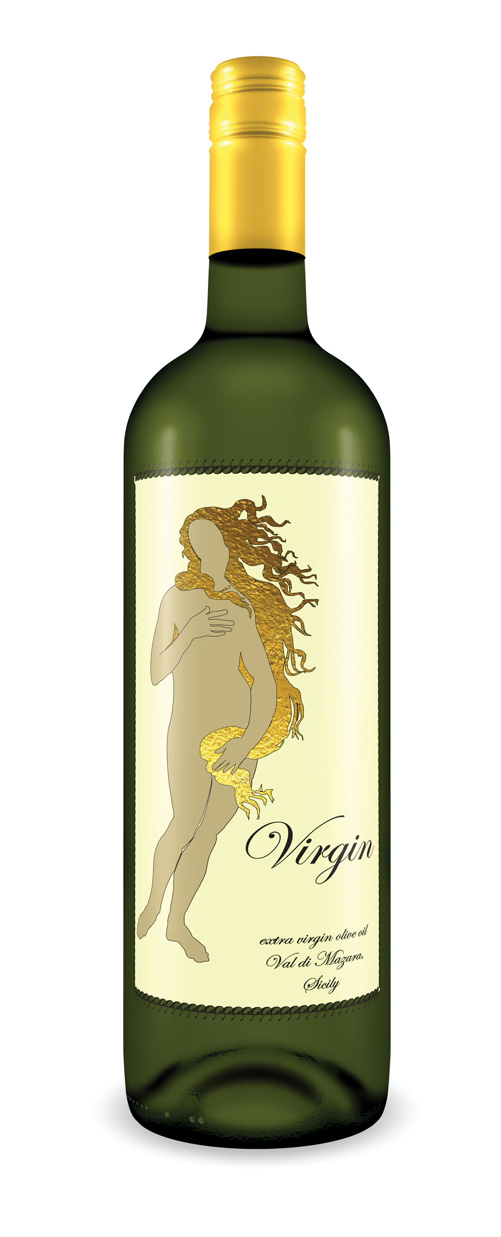 olive oil bottle design inspired by botticelli's "the birth of venus"